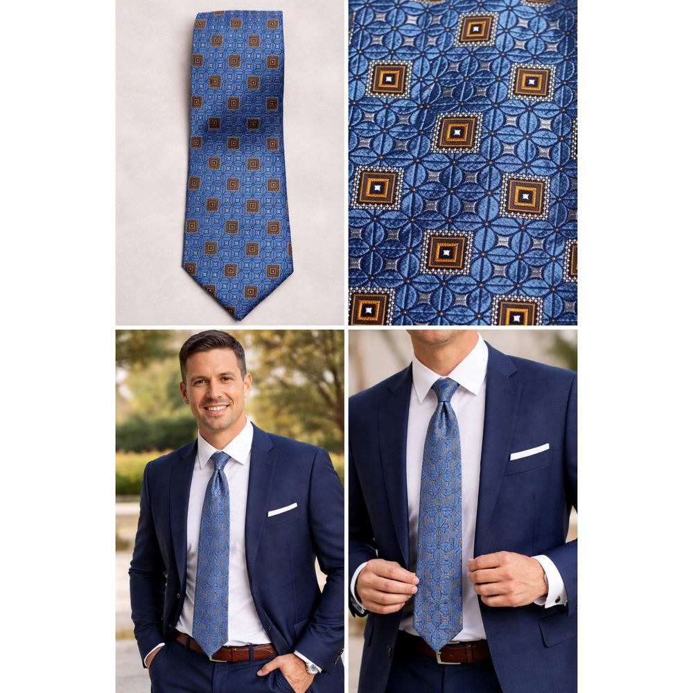 Jos A Bank Reserve Silk Tie Mens Blue Geometric‎ Square Classic Business Formal